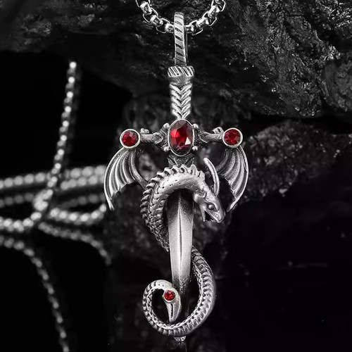 New dragon silver necklace red - new,