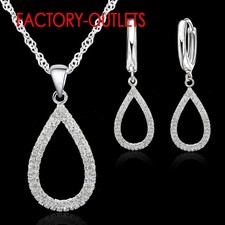 925 Sterling Silver Necklace Earrings Set Waterdrop Crystal Rhinestone Pendant