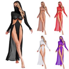 UK Women's Sexy Lingerie Dress Sheer Hollow Out Hooded Maxi Long Dress Nightwear