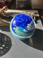 Vintage Stunning Glass Blown Deep Ocean Blue Wave Glass Paperweight