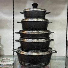 5Piece Black Granite Non-Stick Cookware Set – Stockpots with Glass Lids & Handle