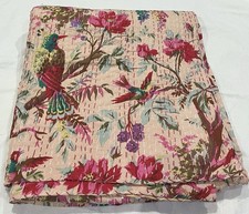 Indian Kantha Quilt Bedspread Bedding Throw Cotton Blanket Bird Print Hand Block