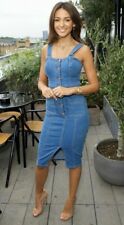 Michelle Keegan Very Denim Bodycon Midi Dress 12 Blue Stretchy Button up