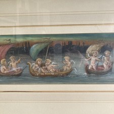 Antique 1896 Victorian Cherubs sailing boats children Watercolour L. H. Vintage 