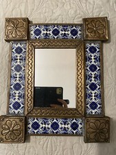 Mexican Vintage Punched Tin & Talavera Tile Mirror