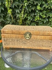 Vintage Wicker Wooden Storage Box w/Hinged Lid w/Metal Clasp 28cm x54cm H22cm 