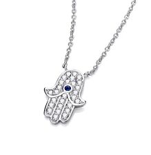 Sterling Silver 925 simulated SAPPHIRE & CZ Hand of Hamsa Necklace 16 - 18"