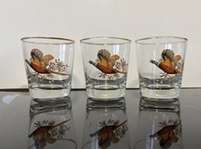 Set Of 3 Vintage Sporting Whiskey Glasses Pheasant hunting barware gilt rim