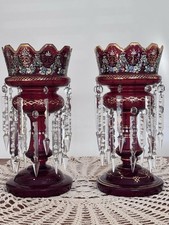 Pair of Antique English Victorian Ruby Glass Lustres In Excellent Condition