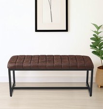 Dining Bench, Brown Leather Effect Fabric Seat Bench with Black Metal Legs 110cm