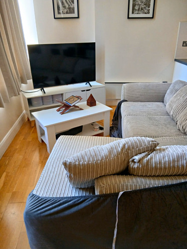 Beige striped cord sofa - striped,