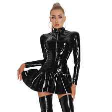 UK Womens Wet Look PVC Leather Bodycon Mini Dress Latex Zipper Club Party Dress