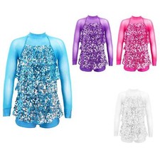 Girls Kids Sparkle Sequins Ballet Unitard Dress Modern Jazz Latin Dance Costume