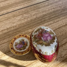 La Reine porcelain Limoges egg shaped lidded trinket dish VINTAGE +  mini  plate