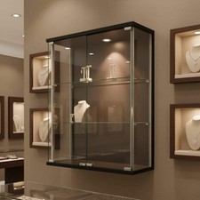 Black Wall Mounted Double Door Display Cabinet with 2 Adjustable Shelves and LED