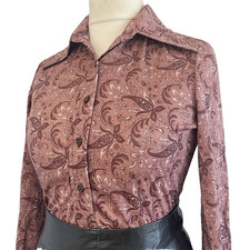 Vintage 1970s Dagger Collar Shirt Hippy Pink PAISLEY Mod Retro Top Blouse 10