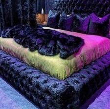 BED SUPERKING&Mattresses,Deep Black  Velvet.Glass Diamante Finish On Skirting