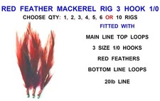 RED FEATHER RIG 3 HOOK 1/0 KAYAK BOAT SEA FISHING LURES COD MACKEREL FEATHERS
