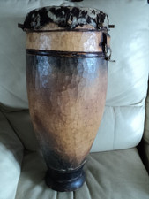 Vintage Hand Carved Large 62cm Height African Voodoo Wood Animal Skin Drum