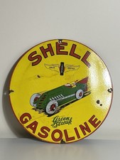 Vintage Enamel Shell Gasoline Green Streak Round Sign
