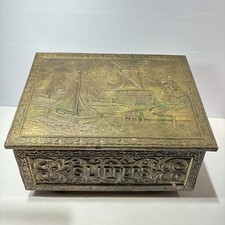 Slippers Box 16" Fireside Brass & Wood Dutch Nautical Design Embossed Antique