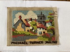 Vintage Retro Tapestry Picture Country Village Scene with Cottages & Church 1962