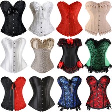 Size 6-24 Women Overbust Boned Black Corset Top Burlesque Basque Lace Up Costume