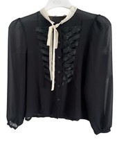 Layers Paris Black Chiffon Ribbon Front Blouse Cream Tie Size (3) 10/12