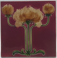 Art Nouveau Fireplace Tile Red Triple Flower Majolica by T & R Boote Ltd C1905