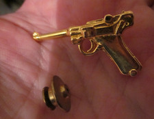 Luger Pistol Tie Lapel Pin Metal Brass 007 Vintage James Bond Gold Gun Shooting