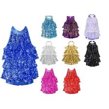 UK Girl's Sequins Halter Neck Shorty Unitard Dress Jazz Hip Hop Dance Costume