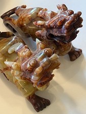 BEAUTIFUL PAIR 8" CHINESE ANTIQUE PI XIU JADE CARVING FENG SHUI BEAST - DRAGONS