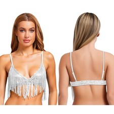 Women Sequin Underwire Bra Swing Fringe Bralette Without Padding Belly Dance Top