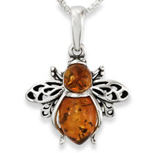 Sterling Silver & Natural Cognac Amber BUMBLE BEE Pendant 16, 18 or 20" Necklace