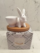 Novelty bunny rabbit salt shaker and egg cup on bamboo tray boxed