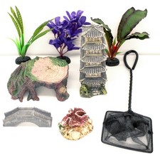 Job Lot of 8 Small Fish Tank Aquarium Ornaments and Net: Used & Cleaned
