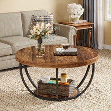 Round Coffee Table, Industrial 2-Tier Circle Coffee Table with Storage Shelves
