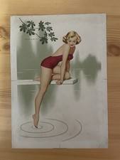 RARE VINTAGE PRINT BEAUTIFUL BLONDE LADY RED SWIMSUIT 1950s