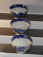 3 Antique Blue White Porcelain People, Pagoda, Landscape. Bird Scenes Tea Bowls