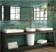 Dark Green Emerald Gloss Brick Wall Tile Metro Ceramic 75x300 Wavy 