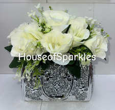CRUSHED DIAMOND SILVER CRYSTAL  VASE POT WITH CREAM ROSEY FLOWER BUNCHES, GIFT ✨