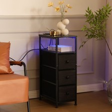 Narrow Side End Table Bedside Table Charging Station LED Light 3 Drawers Black