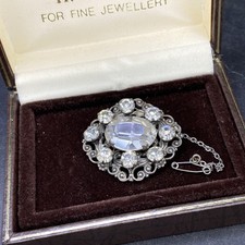 Antque Brooch 35mm Clear Gem Glass Stones Silver Tone Mount Safety Chain Boxed