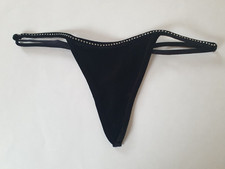 Shirley of Hollywood Black Velvet Diamante Thong with Sheer Embroidered Back