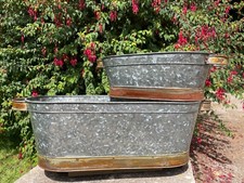 Set or 1 Galvanised Zinc Large Metal Planters Troughs Outdoor Garden Flower Pots