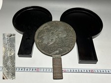 Japanese Hand Kagami Art 503 Antique Meiji Bronze Bamboo Handle Mirror Wood Case