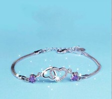 925 Sterling Silver Crystal Double Heart Linked Charm Bracelet Women Jewellery