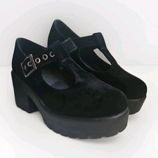 Koi Sai Mary Jane Shoes Black Suede Size 4 T Bar Buckle Lugged Platform Heal emo