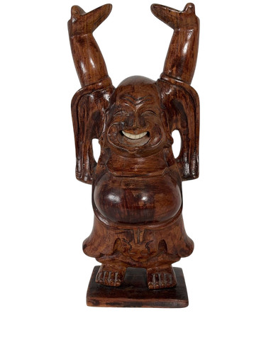Carved wooden laughing buddha - carved,