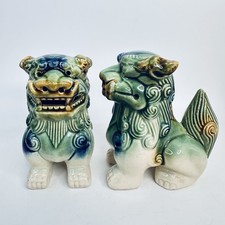 Vintage 6" Foo Dog Figurines Pair – Temple Lions Feng Shui Decor, Green & Blue